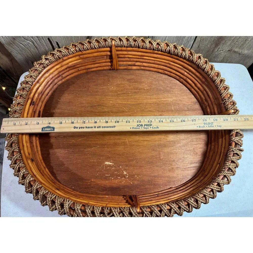 Vintage Oval Bamboo Rattan Serving Tray Wooden Bottom Twisted Twine Rope Trim
